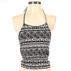 Small Brandy Melville Black & White Aztec Print Halter Cropped Top w/ Tie Neck